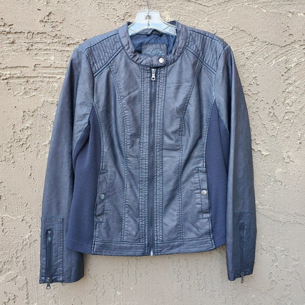 Sebby Collection blue faux leather moto jacket